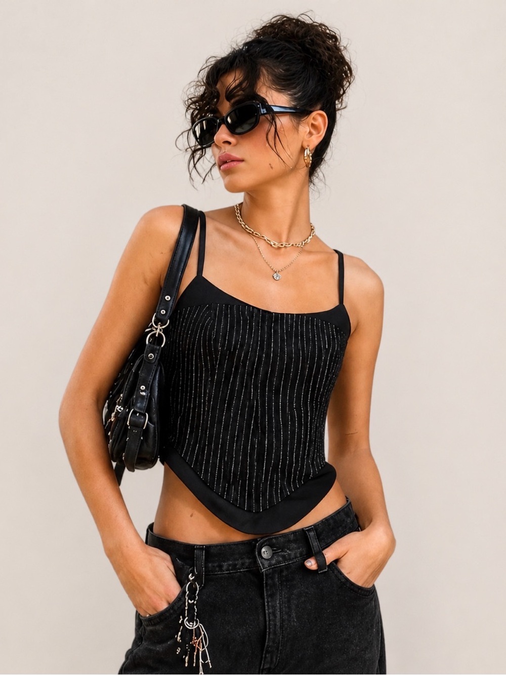 I.AM.GIA Black Pinstripe Corset Cami Top Y2K Streetwear Clubwear Medium